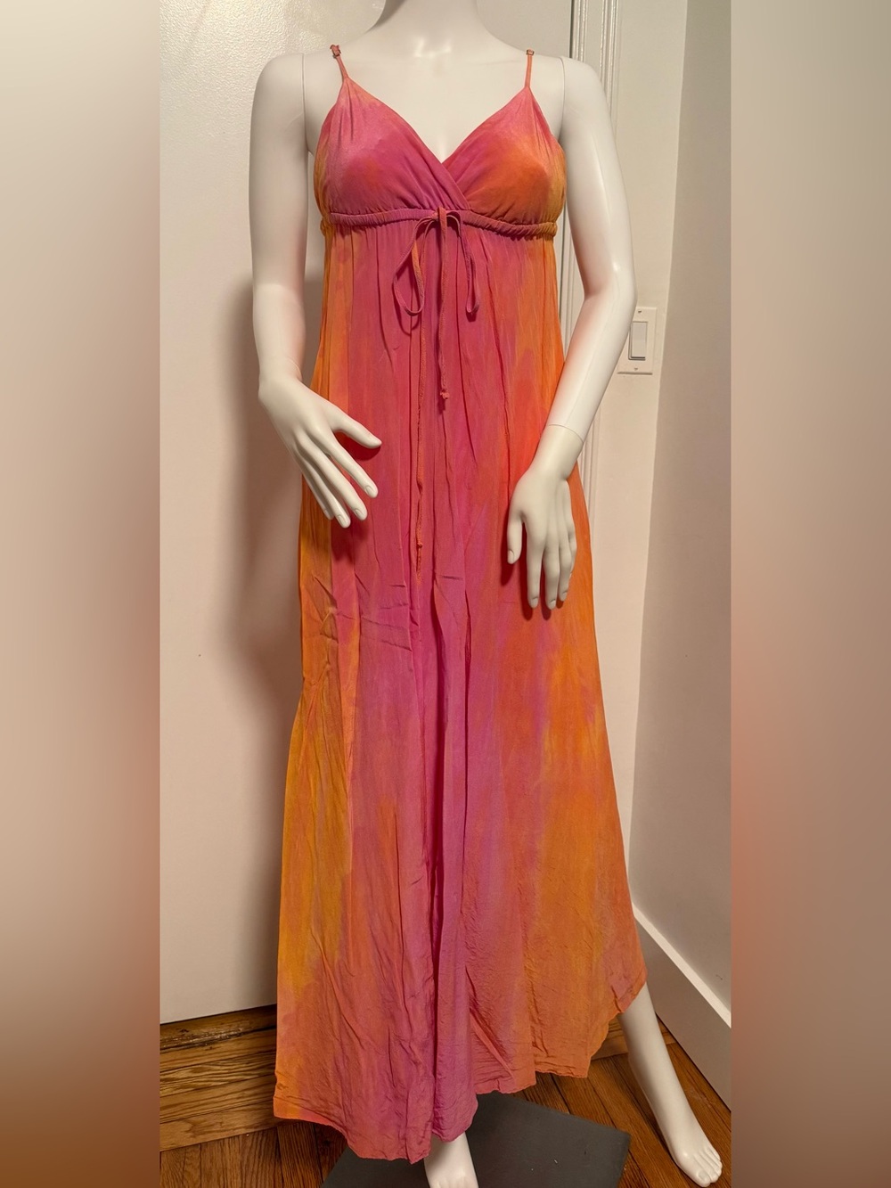 Vintage Gypsy 05 Tie-Front Maxi Dress in Pink & Orange XS